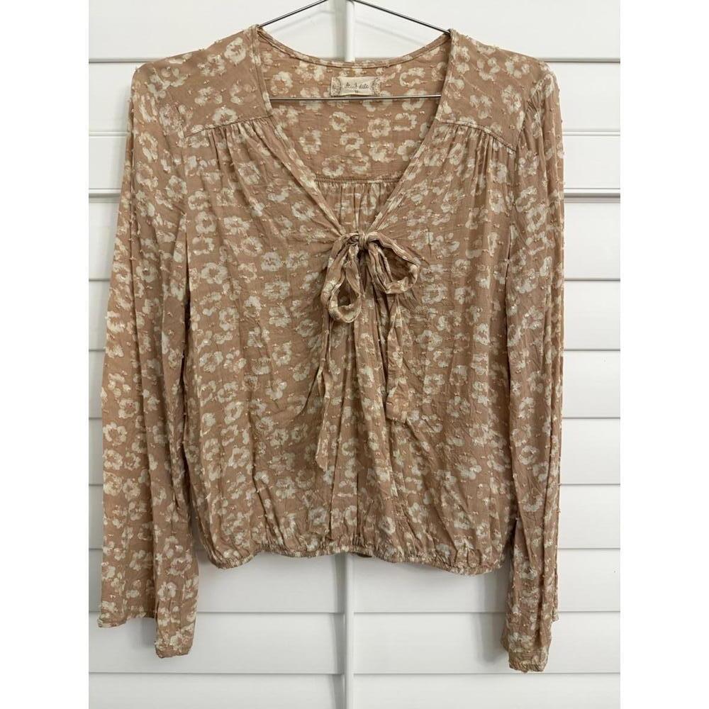 Altar'd State Soft Peach Open Tie Front Pink Flocked Wrap-Around Blouse - Picture 4 of 6
